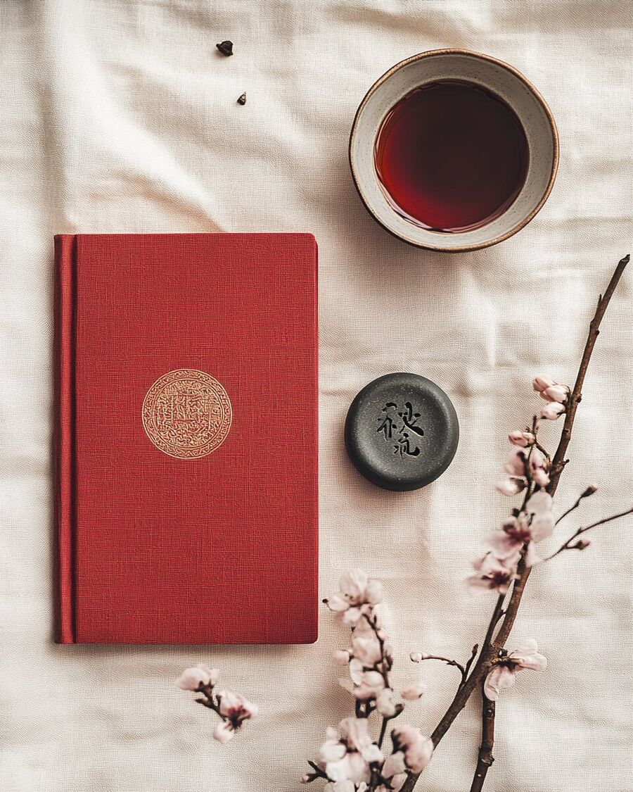 A red almanac booklet with a gold seal medallion, beside tea, a carved stone seal, and plum blossoms