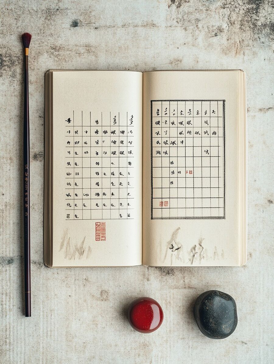 An open almanac spread showing a hand-drawn calendar grid with brush and ink stones